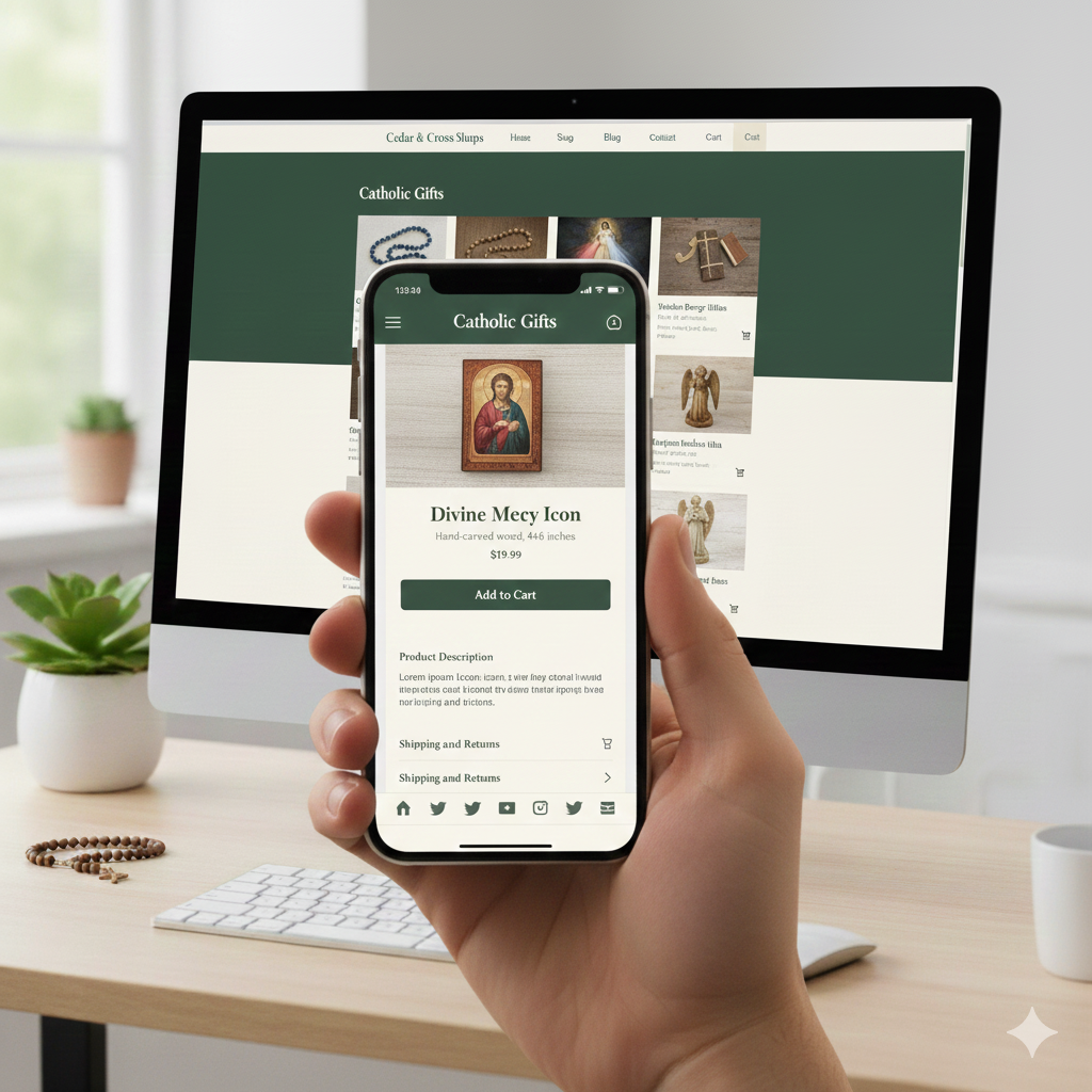 Mobile product detail page for a Catholic gift