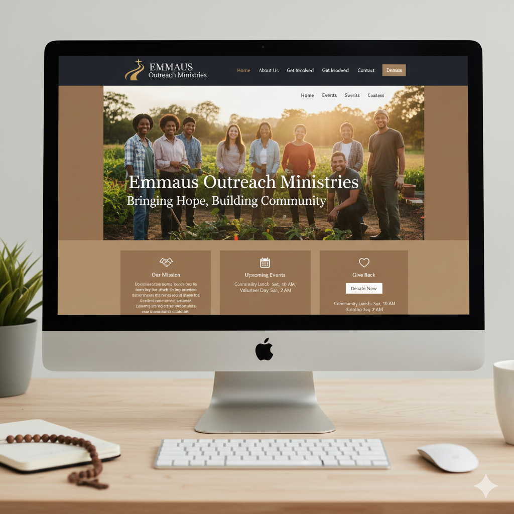 Emmaus Outreach Ministry website homepage designed by Halo Forge Studio