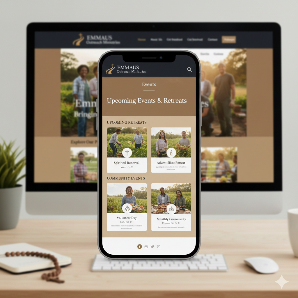 Emmaus Outreach Ministry mobile events list designed by Halo Forge Studio