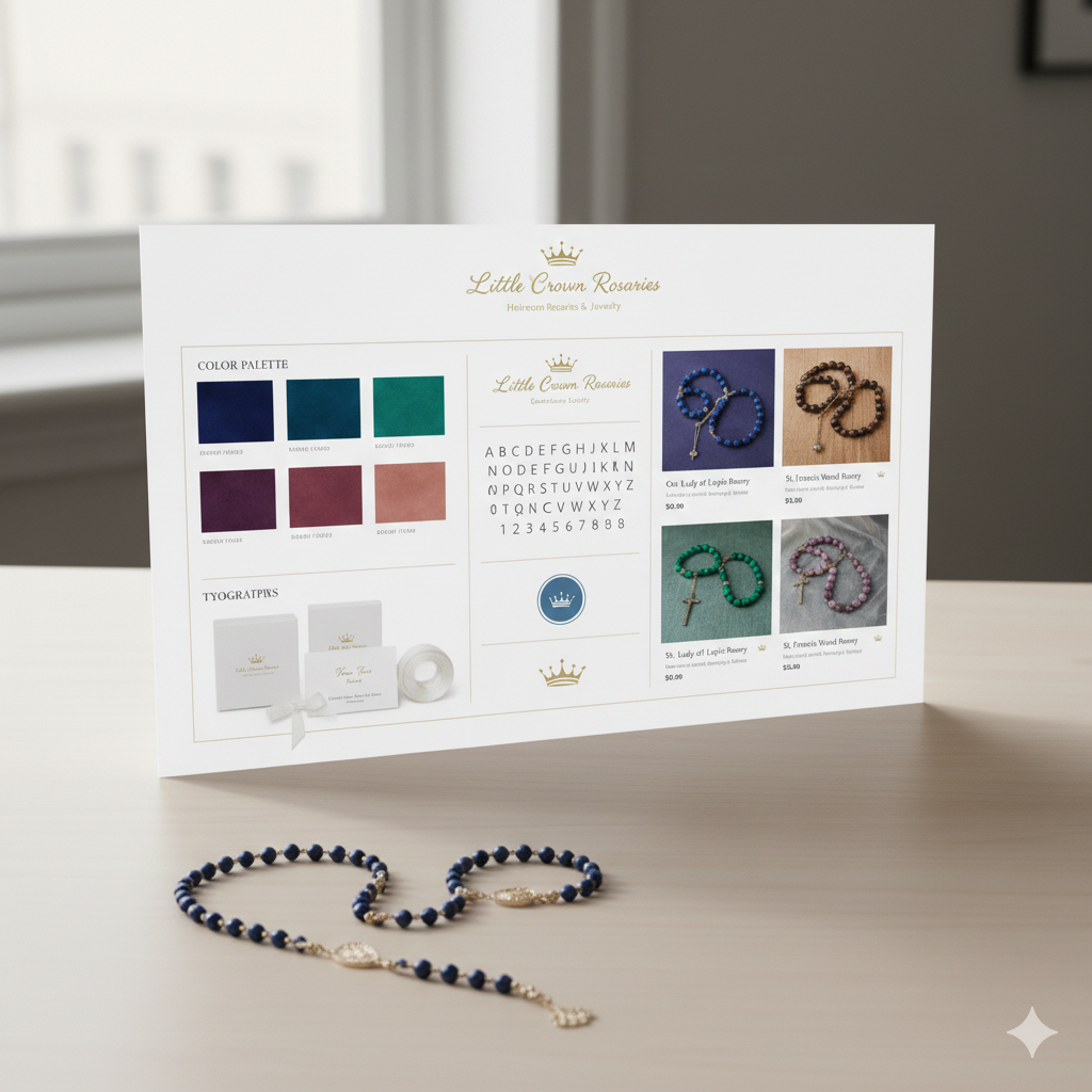 Little Crown Rosaries brand board with logo, colors, and type