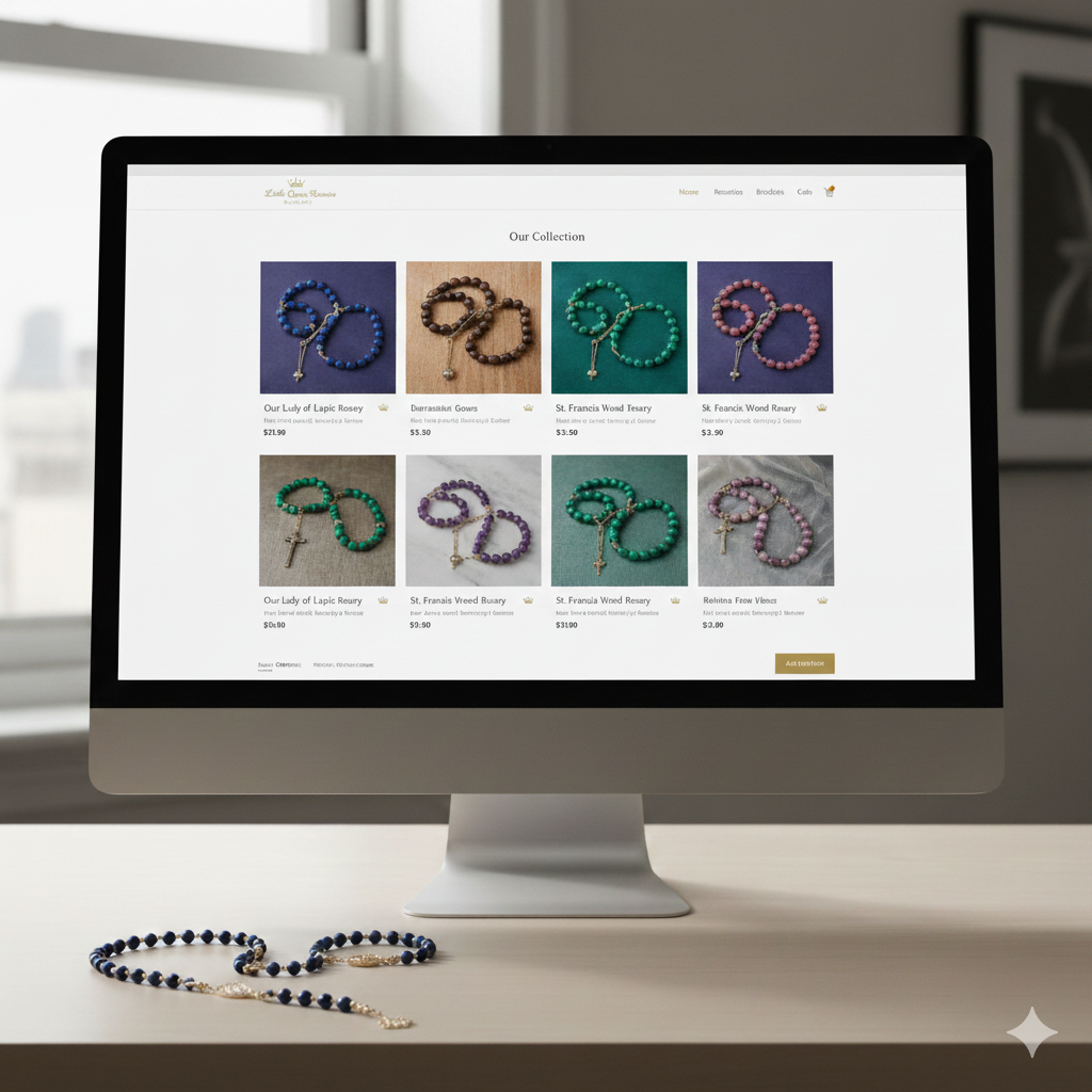 Little Crown Rosaries ecommerce website designed by Halo Forge Studio